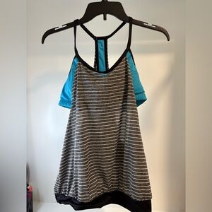 NIKE Women’s Lg Layered Tankini Racerback Top Blue With Grey & White Stripes